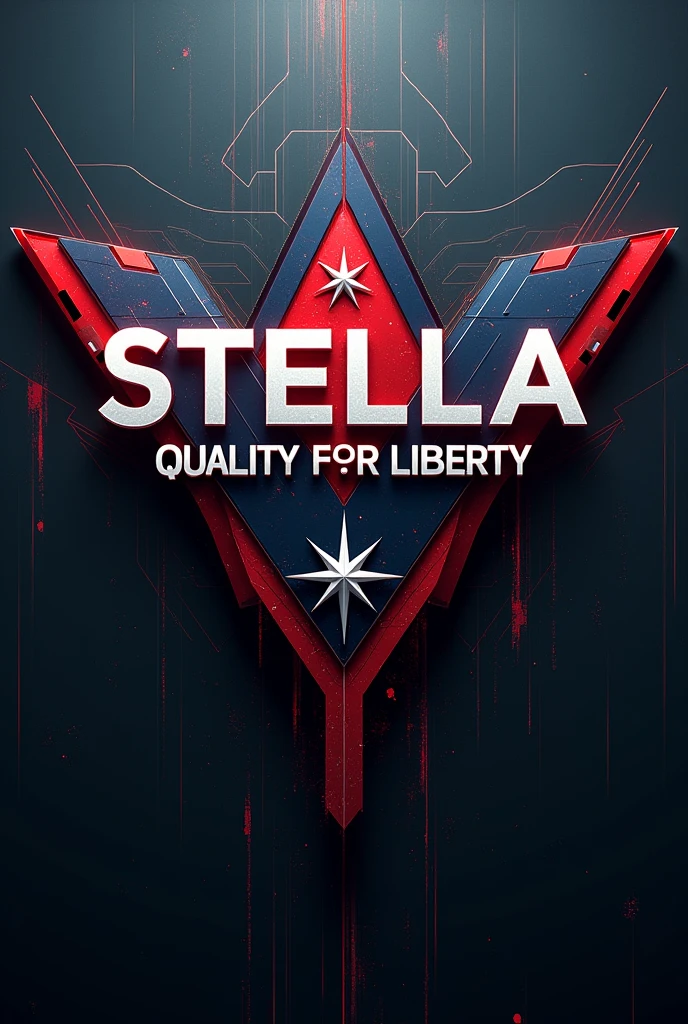 “Stella Inc.” - company logo, weapon manufacturer, american, red, blue and white, stars, futuristic, dystopian, “quality for liberty” slogan