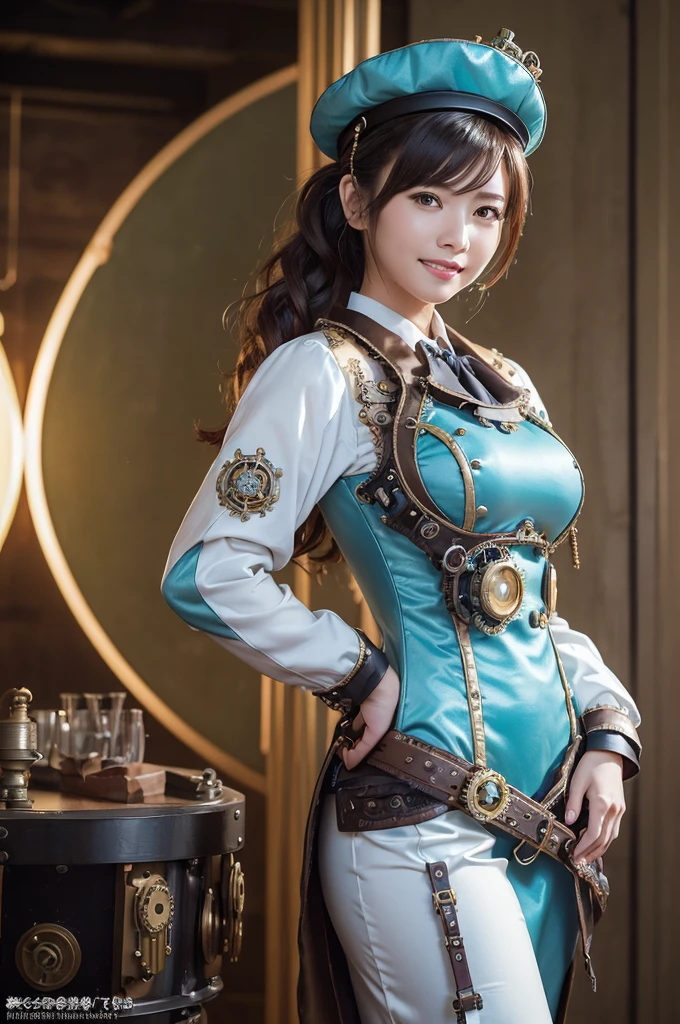 Woman portrait、Highest quality、Rear view、8k, clear, Fine skin、Clear, beautiful eyes、Cleavage、The beauty of a smile、(Glamorous Muscle、tall),(Hip_superior, Hip superior), Mature Woman,( Watching the audience),Realistic, High resolution, Soft Light,1 female, One person, Perfect Style, Perfect balance,Black hair,ponytail,bangs,Fine Skin, Naughty look,((Steampunk Fantasy costume)), (cleavage cutout,Light blue steampunk sailor suit with collar),(White steampunk steampunk jacket, High-tech Mecha,Beautiful steampunk cyborg woman on white,Steampunk Mecha Cyborg Girl,Steampunk light blue insect jacket,wrist cuffs,A bow tie,white dress shirt、Bronze Belt,High leg,Cape)、((arms behind back)),(bokeh),(studio lighting)