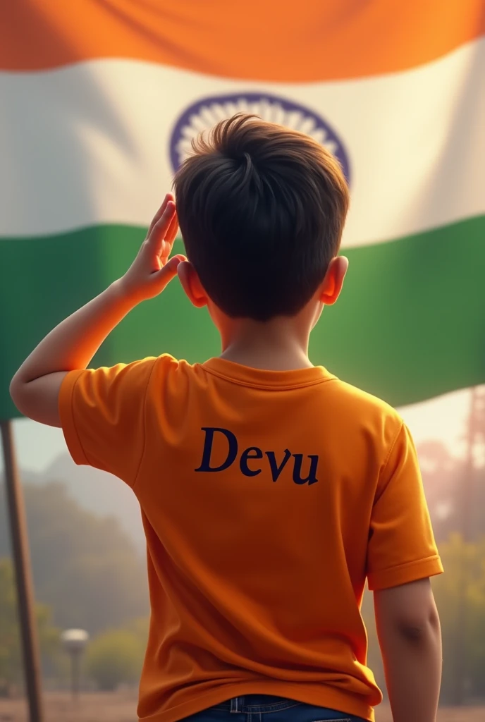 A boy whose t-shirt has Devu written on the back and the colour of his t-shirt is orange, he is saluting the Indian flag but his hand is on his forehead