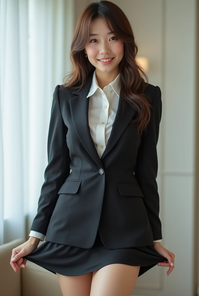 A very beautiful Japanese office lady、business suit、Panties visible from under the skirt、Voluptuous body、Lift your legs