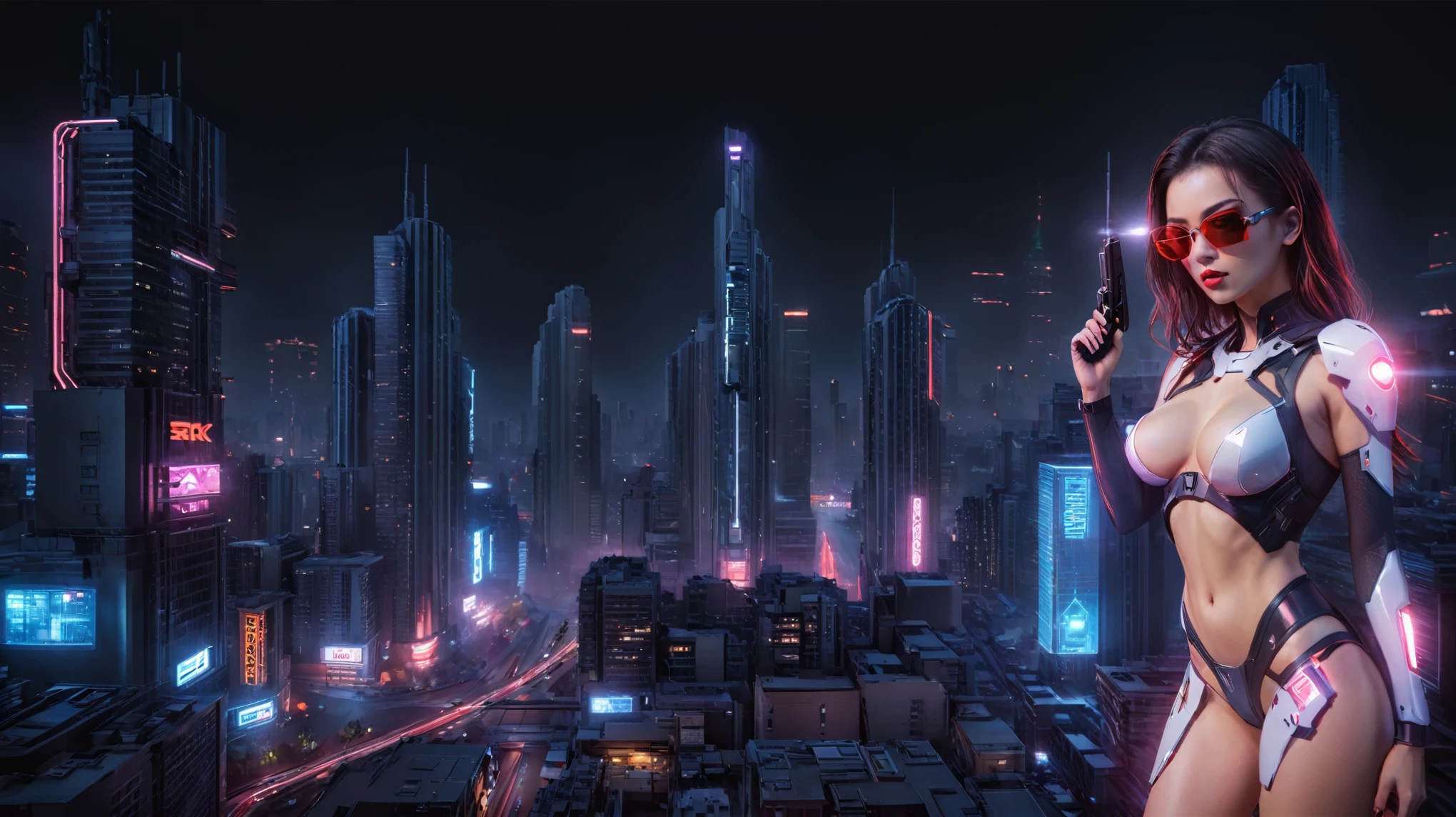 (High view). There's a cyborg woman (8k) wearing a futuristic leotard (best quality) standing in a cyberpunk city alley at night, darksynth aesthetic, red neons, haze, 1drone, foggy night, ultra detailed, photorealistic, (1girl, solo, alone), large-breast:1.2 slim body, cleavage:1.1, (black sunglasses), (holding a pistol), half-body thigh level medium shot, cinematic lighting, ray tracing.