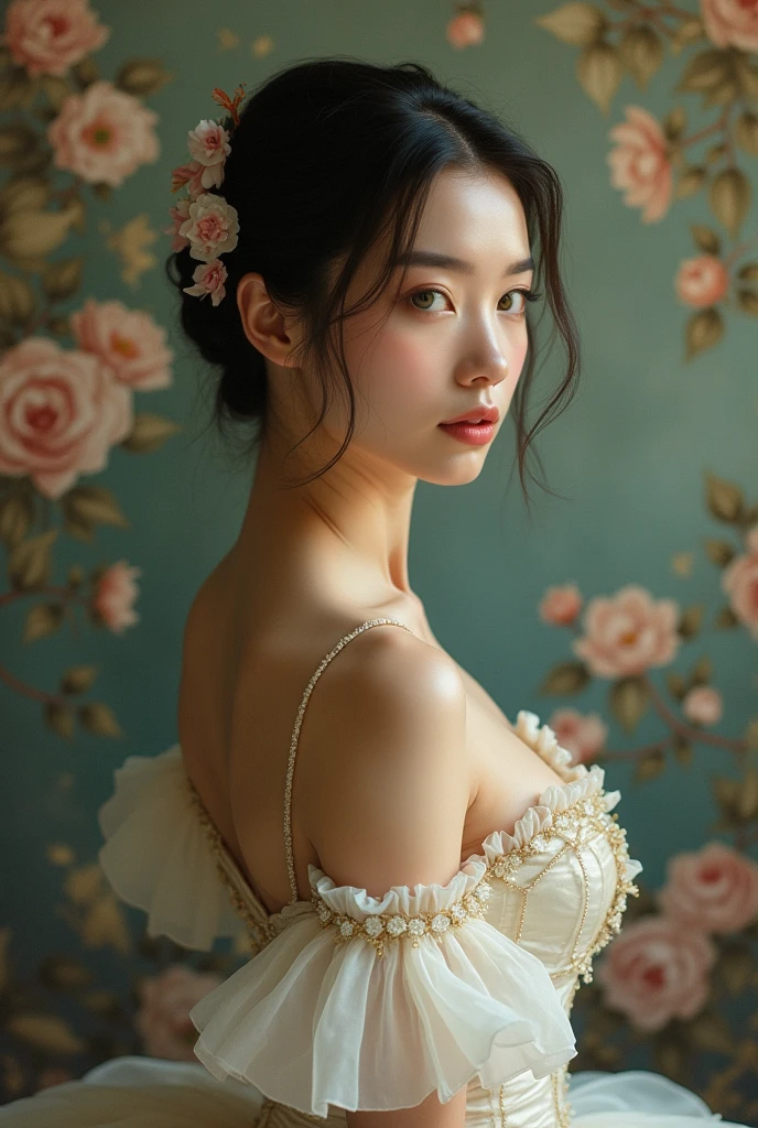(high resolution,masterpiece:1.2),(Practical:1.37)"(best quality, high resolution, Extremely detailed, Practical),Beautiful portrait of a 19th century French ballerina, (She is of French and Japanese descent., She is a beautiful woman,with deep green eyes and a high nose.:1.1), Exquisite ballet costumes, Detailed facial features, Slender and graceful neck, Flowing hair, Elegant posture, Soft and delicate lighting, Oil painting medium, Vibrant colors, Subtle background with floral pattern", Dreamy atmosphere, Surrealism, Mysterious atmosphere