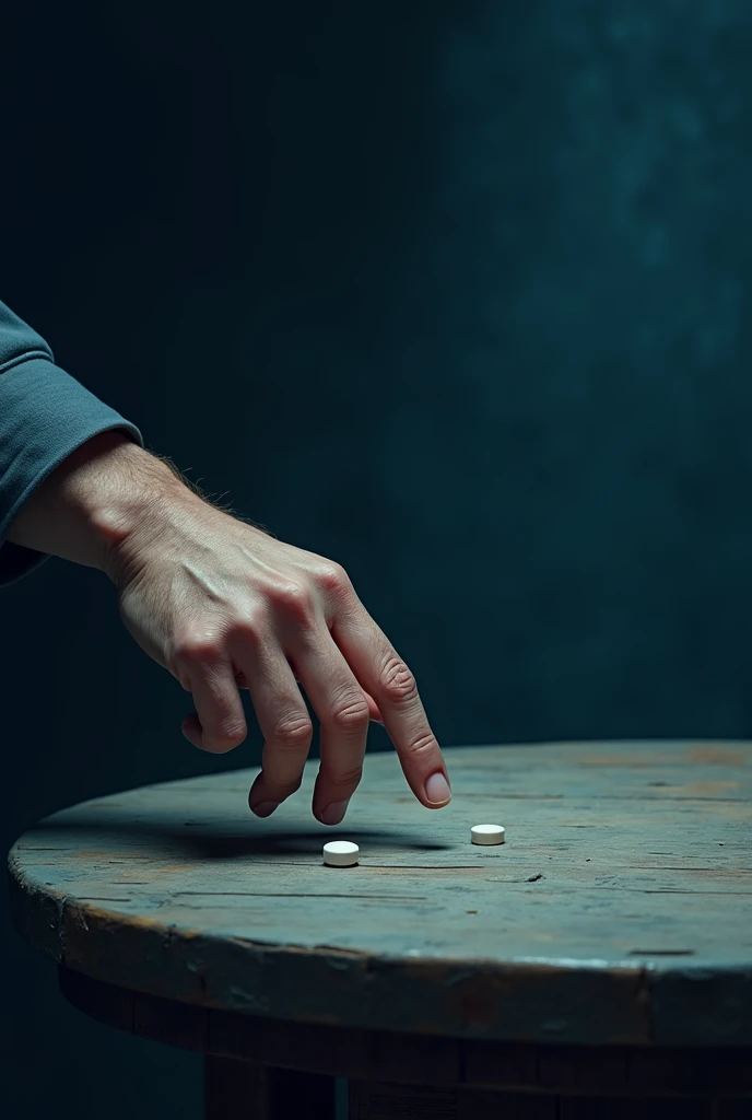 A light brown man's hand (sleeveless) from top to bottom about to pick up a single white cylindrical pill (With bent fingers), of an old round wooden table, , drawing with caricature tints, everything in dark blue tones