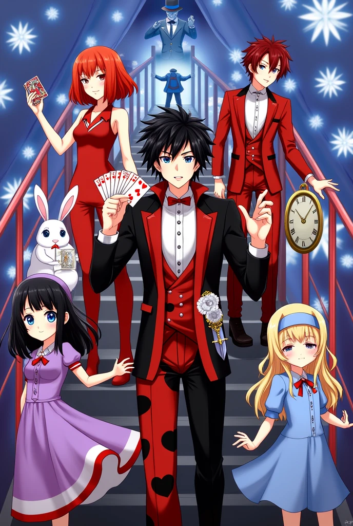 A young man with black and red hair,red and black suit and design of black and red hearts ,with a deck of cards in his hand and a sword in the other ,behind her a woman with red hair and a red suit with a design of black hearts,On one side a white rabbit with a clock,on the other side a girl with black hair and blue eyes and a violet dress, a blonde girl with a blue dress and a blue hair band and behind it all a man in a suit with a big hat