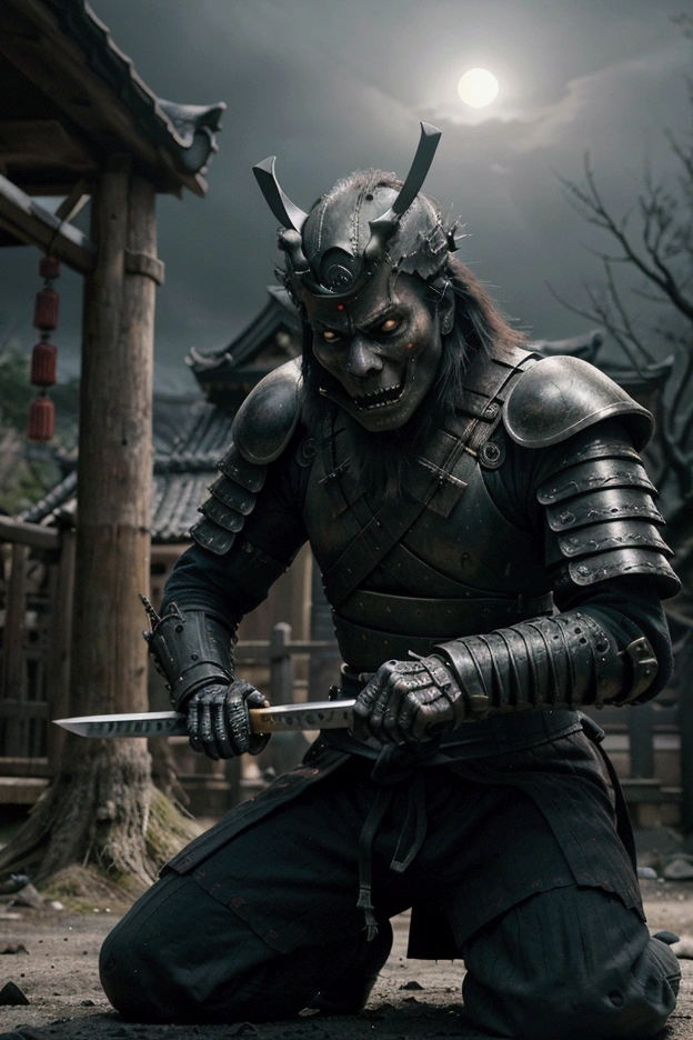 Create a cinematic horror scene with a hyperealistic close up of a samurai skeleton in the foreground, in an aggressive attack stance, his expression screaming in anger, raising his katana in a threat to attack. The samurai wears elegant, ornate armor with intricate filigree decorations that glow dimly in the dim light. The katana, also adorned with detailed engravings, stands menacingly. The background reveals a ruined traditional Japanese village, shrouded in darkness under a moonlit night. The village is eerie and desolate, with shadows casting sinister shapes across the broken structures. The samurai's expression is an eerie mix of rage and determination, with the skeletal features illuminated by a cold, ghostly light. To achieve a realistic, cinematic look, use a high-end digital cinema camera with a full-frame sensor to capture the scene in ultra-high definition. A 50mm f/1.4 lens should be used to create a shallow depth of field, keeping the samurai sharply in focus while the background is slightly blurred, adding depth and drawing attention "The scene should be lit with a combination of soft moonlight and flickering torches, creating deep shadows and highlights that enhance the eerie atmosphere. Use an ISO of 400 to maintain detail in the low-light conditions, with an aperture of f/2.8 to balance the light, allowing the intricate details of the armour to be visible without overexposing the highlights. The shutter speed should be slow enough to capture the ambient light, but fast enough to freeze the movement of the samurai, creating a sharp and dynamic image. Colour grading should emphasise cool tones, with desaturated colours and a slight green tint to enhance the horror film feel, whilst contrast is increased to deepen the shadows and highlight the filigree details of the armou