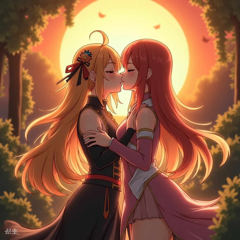 Shenhe from Genshin Impact is being kissed intensely by Xianyun from Genshin Impact in a garden in front of the rising sun