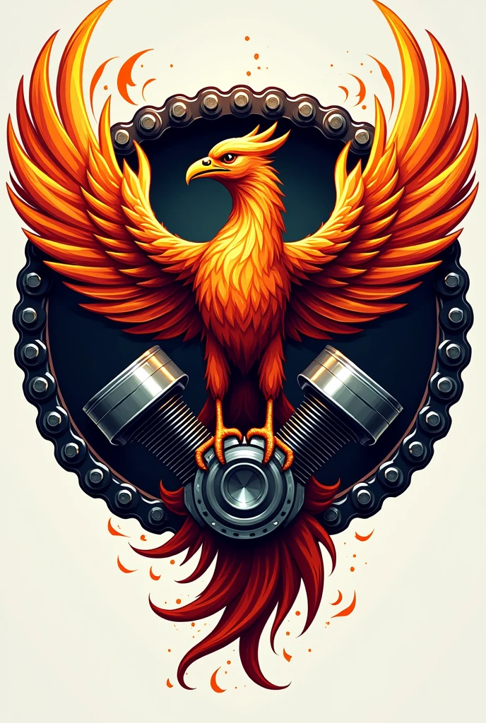 Phoenix logo with motorcycle chain and pistons enclosed in a circular shield
And fire
