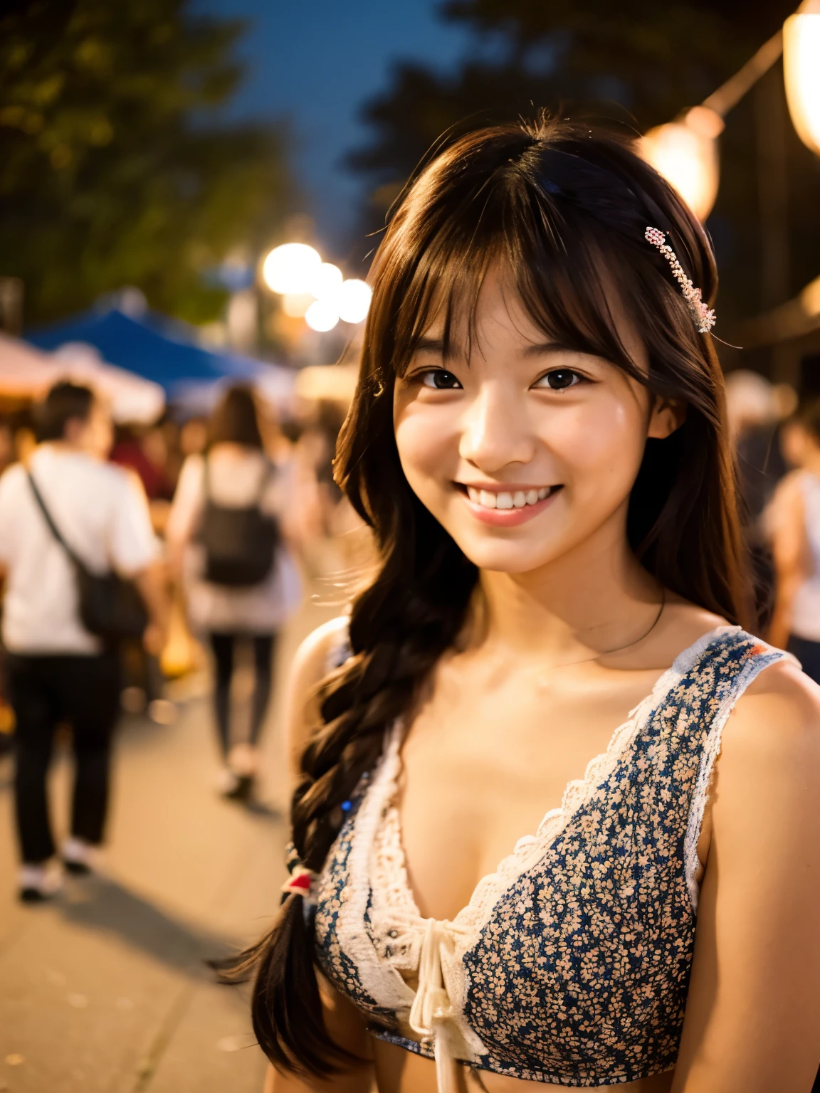 A very cute face like an idol、A 20-year-old woman who looks young、Smiling Kindly、Wearing a yukata、Cleavage、night、Walking through a Japanese festival、Natural light、whole body、High level of artistry