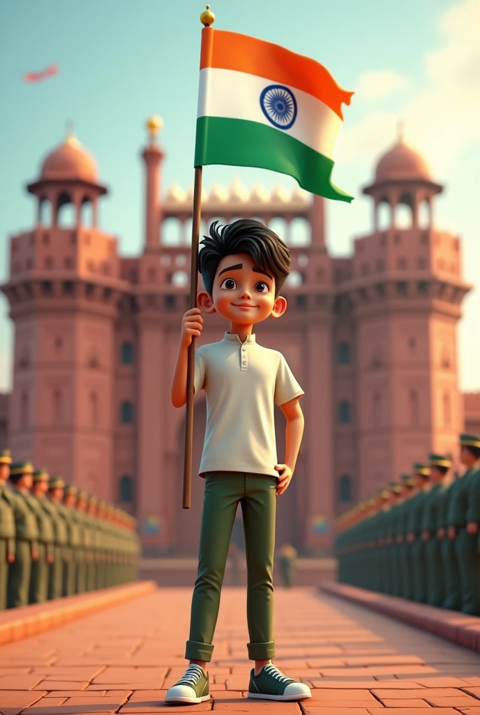 A 18 year old boy with Indian flag with Indian army in side and in one corner with colour full letter write "Happy Independence day" This seen is on Red fort with Prime minister Narendra Modi and also write in background "Prince Mishra" very expensive and 3d colour and letter 