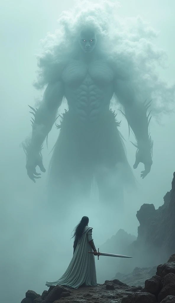 (masterpiece, best quality, super detailed, beautiful details eyes, Clean and delicate face), Super realistic, Powerful composition, Fantasy Art, Brocken specter, A giant Foggy monster made of Mysterious Fog appears on the sacred mountain. ((Foggy texture)), The Legendary female warrior in armor holding a holy sword and shield fights the Foggy monster, Beautiful Art