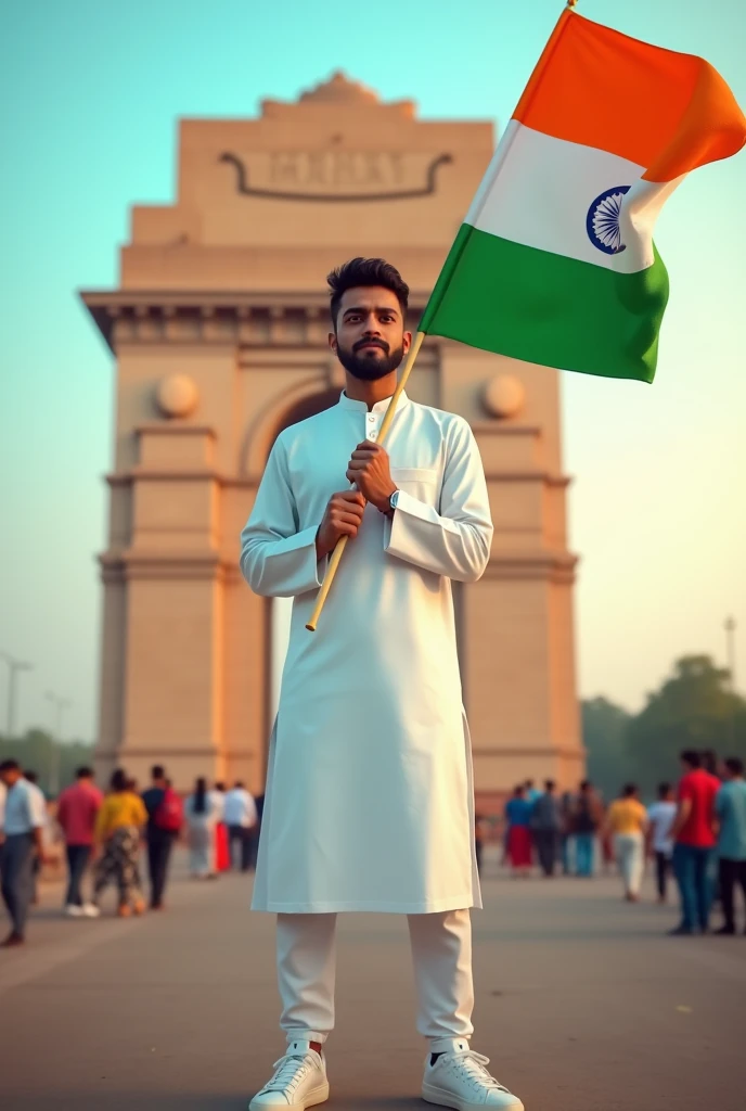 A real 24 years old man, Wearing white kurta pajama sneakers and the name "Honey" is written on his kurta and the boy is standing on the road with holding a national flag of India, and behind him is the India gate Delhi. And "Happy Independence Day 2024" written at above sky Create Realistic image high quality.