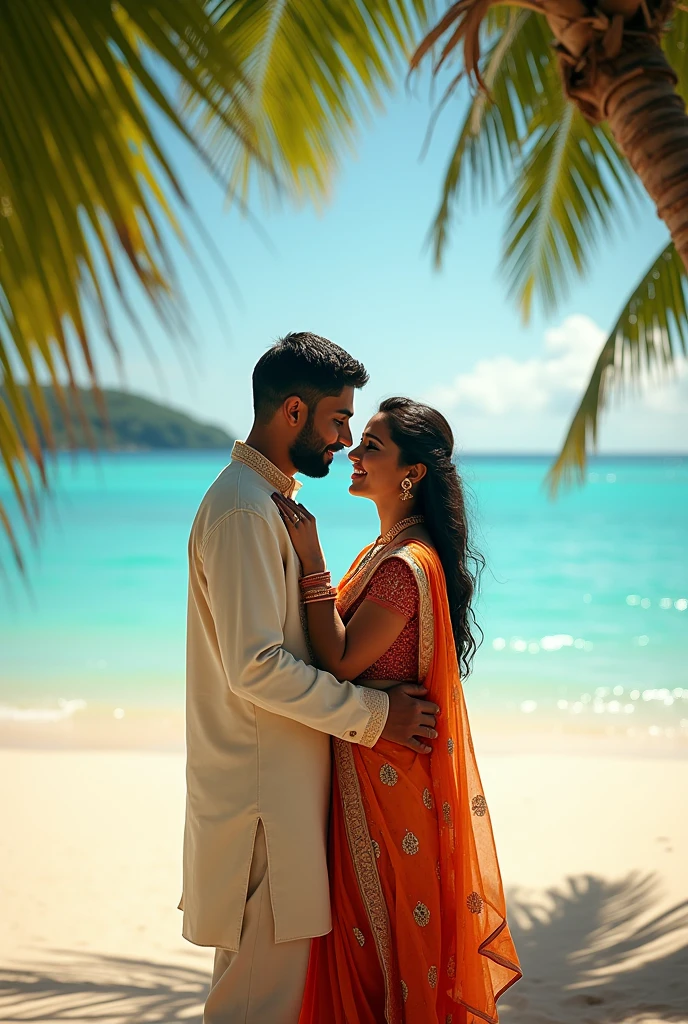 Indian beach young lovers, ultra realistic, 8k uhd, dslr, high quality, ultrarealistic, realistic, 4k picture, textured skin