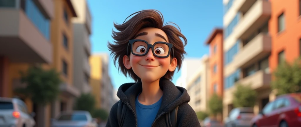 a male animated movie character in the Disney Pixar style, high qualiy, best quality , black fleece sweater blue shirt , Wear nerd glasses, , long hair , They are in the city of São Paulo, Happy young man