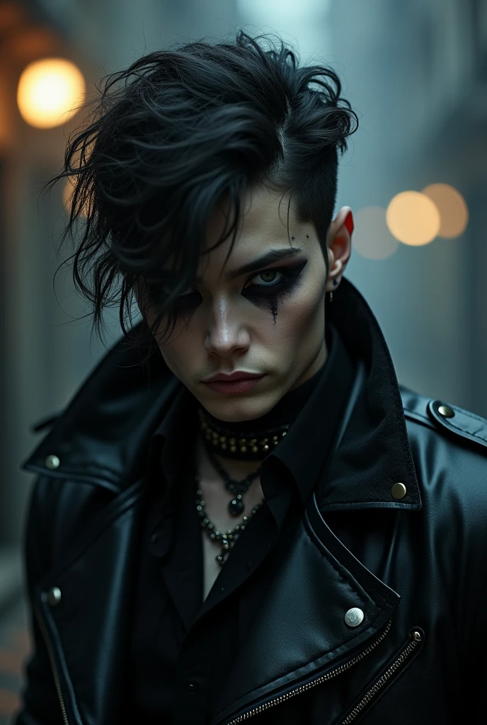 
 A man of somewhat mysterious appearance, with an alternative style. He wears black or dark-toned clothing, with gothic elements like leather jackets and eye-catching accessories. His expression is enigmatic.