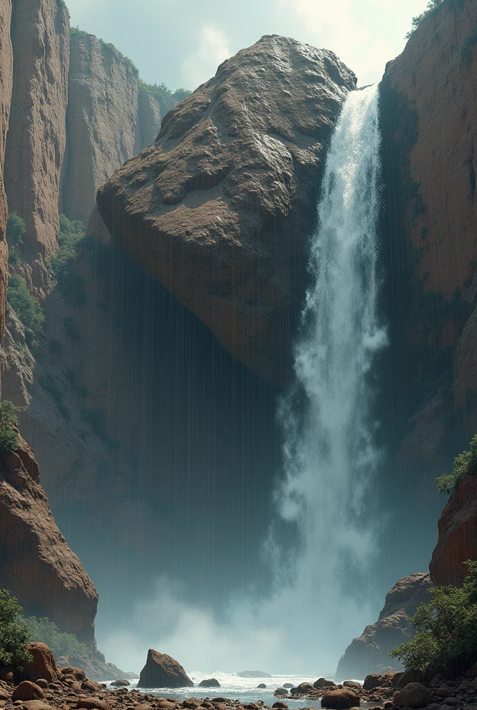 One Big rock falling from the one brown cliff where little raindrop is falling