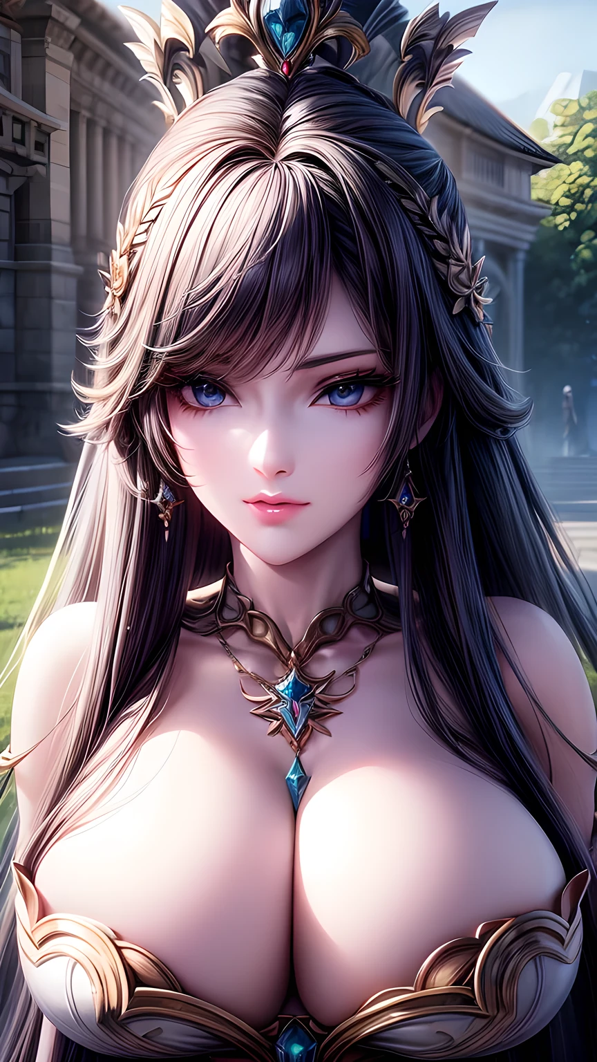 A busty woman、Close-up of a woman with very long hair, 4K detail fantasy, Movie goddess close up shot, Extremely detailed photos of the goddess, Super detailed fantasy characters, Portrait of the Knights of the Zodiac, Beautiful fantasy queen, 2. 5D CGI anime fantasy artwork, wow 4K detail fantasy, Beautiful and elegant queen, Portrait of the Queen