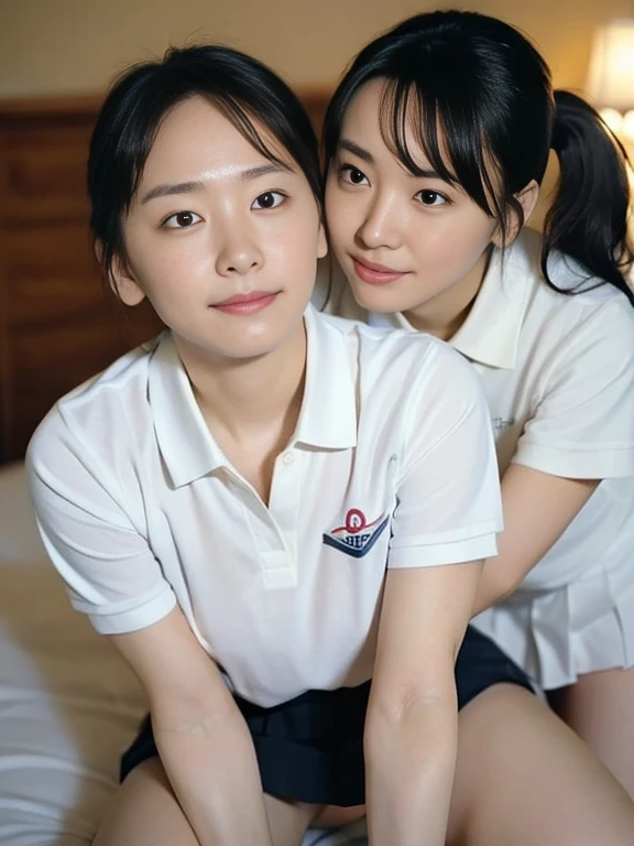 (Masterpiece, Best quality:1.3), (Ultra realistic, Photo-realistic:1.2), Natural light, 28 years old actress, Japanese beautiful 2 women, Neat and clean, (White damaged tennis uniform, White short-sleeve polo shirt with darknavy line collar:1.1), (unbutton:1.2), (White pleated skirt:1.1), white sock, (ponytail:1.2), (Beautiful faces), Oval face, clear, Beautiful eyes, Kind eyes, Clear skin, Small face, Beautiful mouth, Small mouth, Natural makeup, Approachable, Seductive smile, (Seductive pose:1.2), Beautiful thighs, Bedroom eyes, Embarrassed, Blush, Luxury hotel Suite room, On bed, (nsfw:1.2), obscene reality of 2girls, (lesbian couple, petting together:1.1), looking at each other, grabbing ??????, (?????? touch:1.1), kneeling, restraint