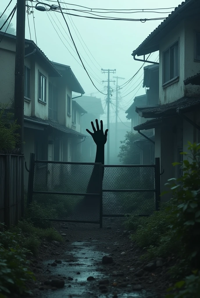 a dilapidated japanese residential neighborhood shrouded in morning mist, a partially broken construction fence revealing a sinister black hand reaching out, eerie supernatural horror atmosphere, moody lighting, cinematic composition, dark colors, gritty textures, (best quality,4k,8k,highres,masterpiece:1.2),ultra-detailed,(realistic,photorealistic,photo-realistic:1.37),dark moody lighting,dramatic shadows,horror,dark fantasy,cinematic,moody,gritty,atmospheric,creepy,unsettling