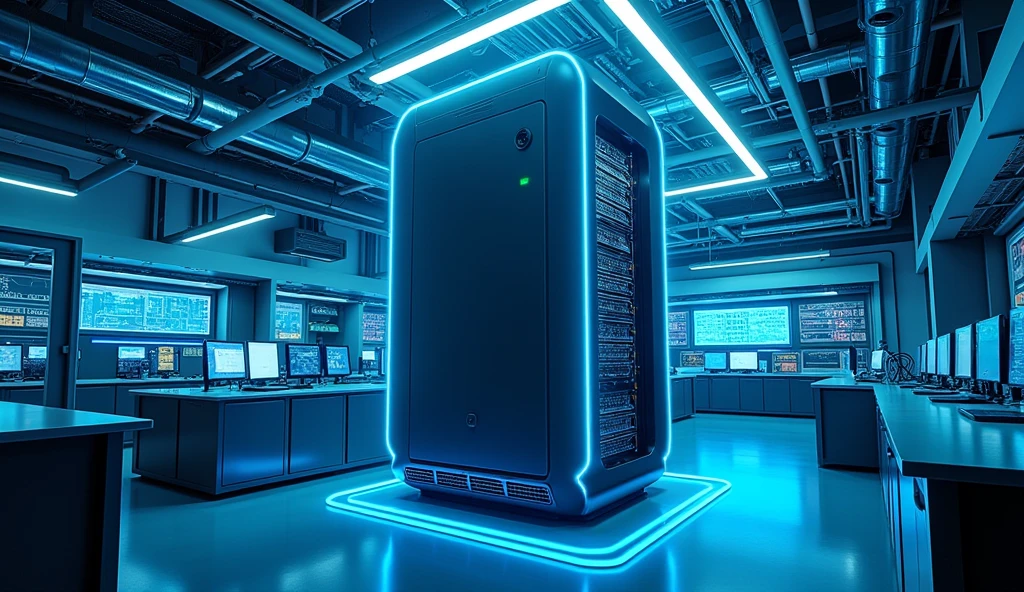 A laboratory with a super computer in the center with blue details glowing blue high quality, 8K Ultra HD,