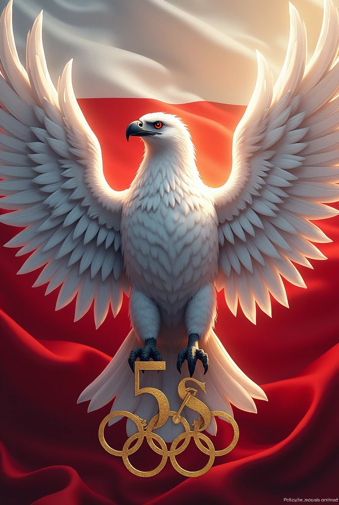 A large white and red eagle with wings wide open, radiating strength and elegance. The eagle possesses a sharp black beak and notable talons, with its feathers richly detailed. The background includes the Polish flag fluttering beside the Olympic flag, with '5s' written in gold 
write sortation with the Olympics symbol on top