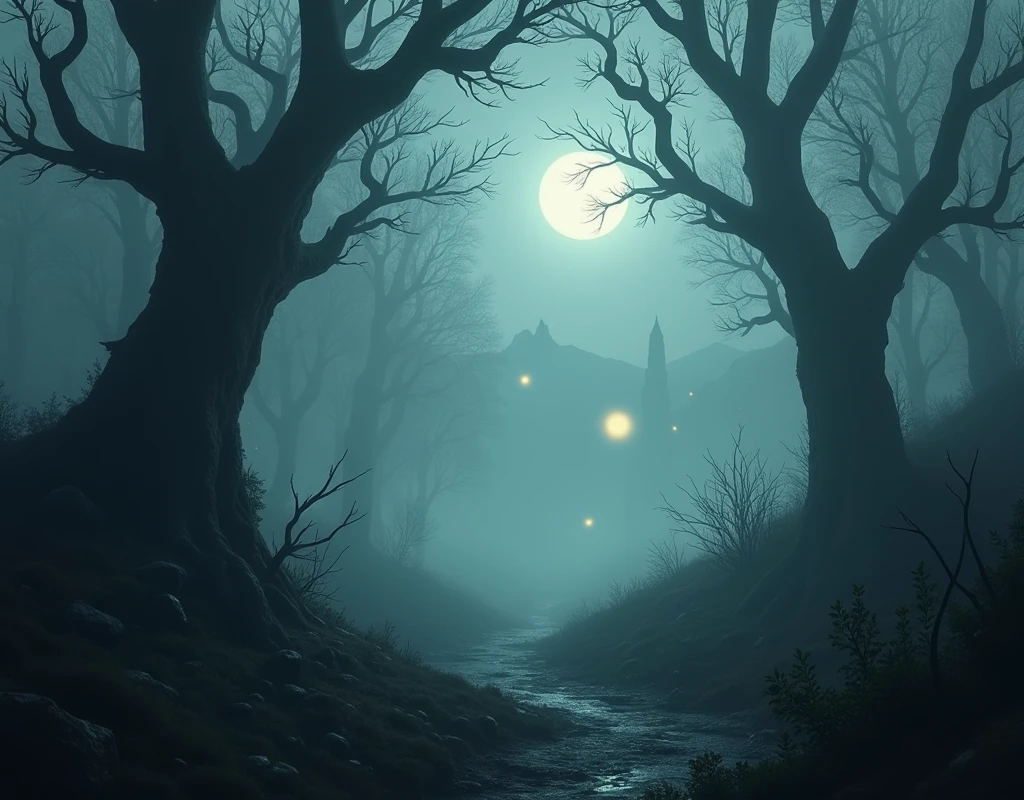 An eerie, mysterious fog creeps through an ancient, twisted forest. The gnarled trees, with their skeletal branches, loom ominously, their bark cracked and darkened by time. The fog, thick and swirling, blurs the line between reality and nightmare, casting a ghostly pallor over everything it touches. In the background, faint silhouettes of distant mountains rise above the mist, barely visible. A narrow, overgrown path winds through the forest, disappearing into the fog's depths, with strange, glowing orbs faintly visible in the distance. The atmosphere is haunting, with an unnatural stillness, as if the forest itself is holding its breath. The light is dim, with a pale, cold moon barely breaking through the dense fog, casting long, eerie shadows that dance with the movement of the mist.