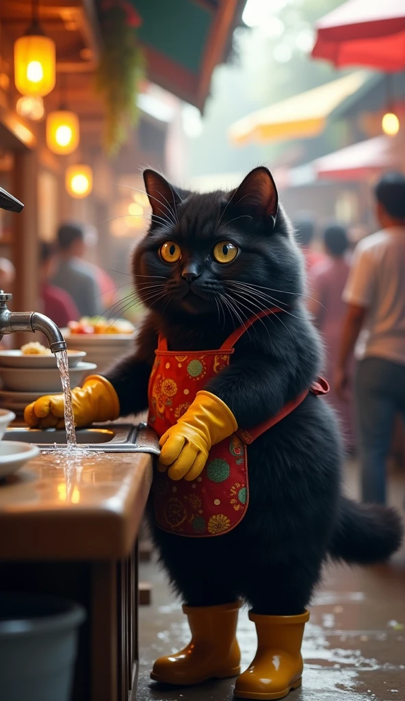 A cute black, chubby cat with thick, fluffy fur is washing dishes in a lively Indonesian restaurant. The cat stands in front of a sink with water flowing from the faucet, with a bucket placed underneath. The cat is dressed in rubber gloves, boots, and an apron, looking adorably determined as it goes about its task amidst the bustling, crowded atmosphere of the restaurant.