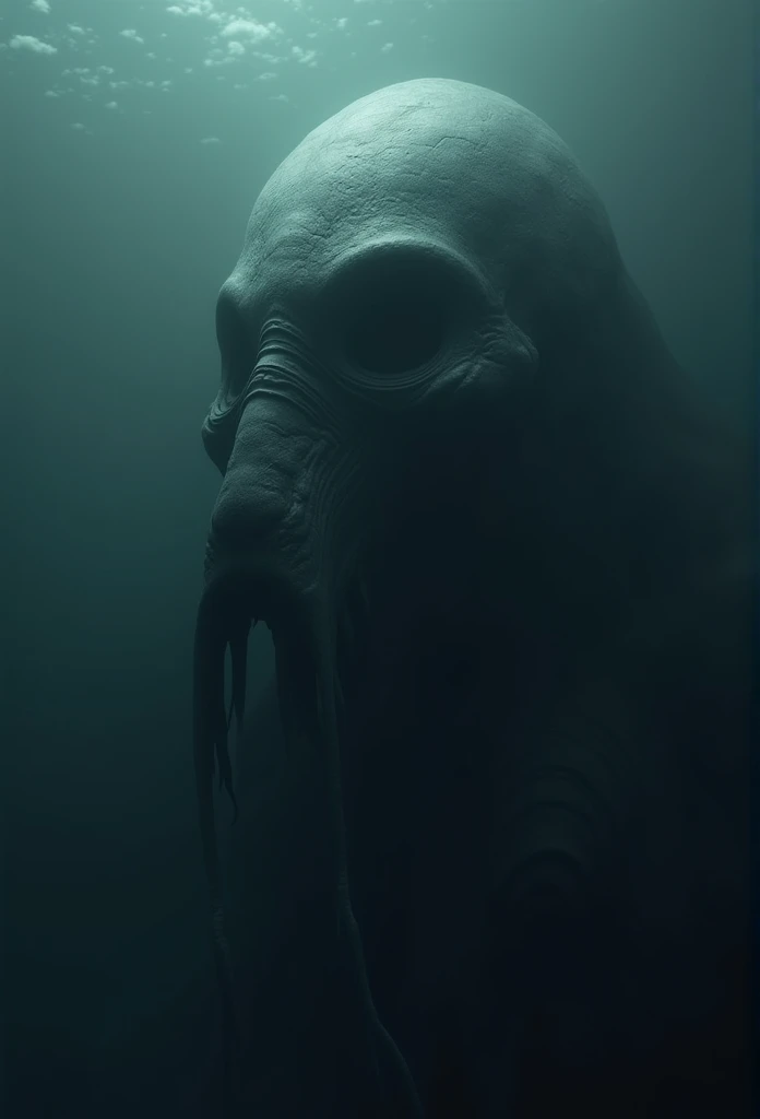 It depicts a huge mysterious sea creature. It is over 100 meters long and its body is made of a dark, shadow-like material that absorbs light and is almost invisible in direct sunlight. Surrounded by darkness even during the day, it is almost invisible, with only a faint light reflecting off of it, and you can see it from the depths of the ocean. This creature is supposed to have an eerie, amorphous shape with large eyes, nose, and mouth that stand out across the ocean,
