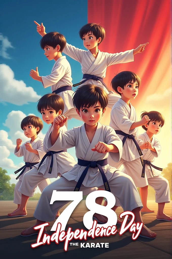 I have a karate class and I want a 78th Independence Day poster by wishing everyone in the name of Kenyu ryu karate class the theme of the poster in karate kids wishing Independence Day 