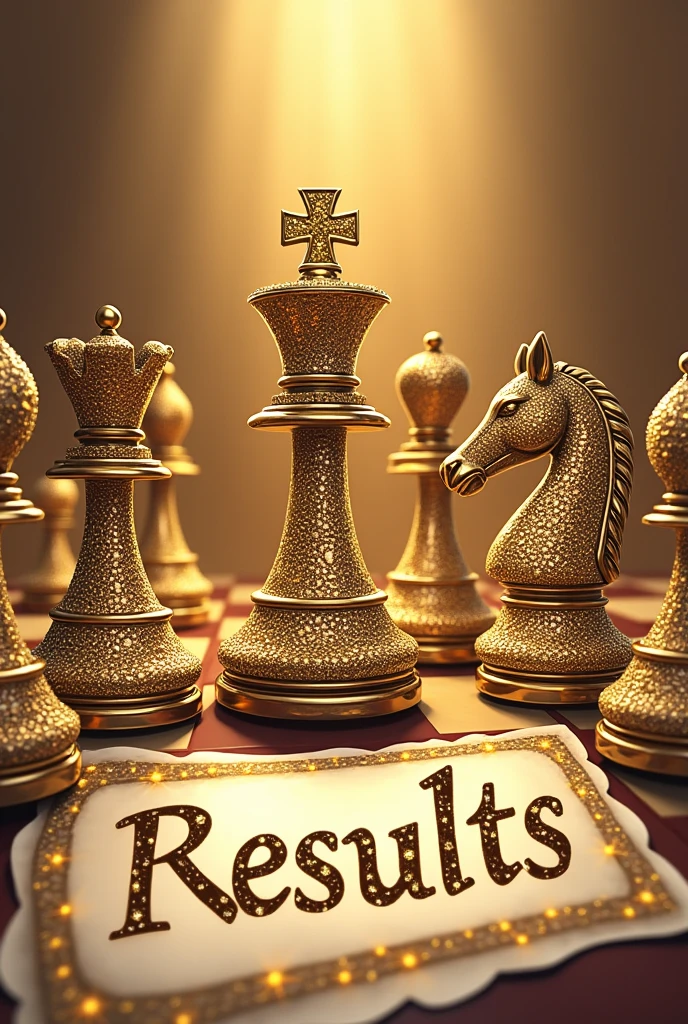 drawn drawing,
Chessboard, the word is written under it "Results" in Cyrillic. Russian letters
chess pieces stand next to each other. They are set with rhinestones and beautiful stones. Golden color. Luxury luxury