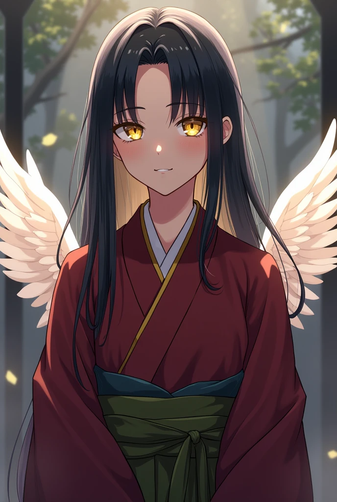 Anime Japanese Kimono Yellow eyes Black hair White wings showing through the back Maroon clothing Olive green hakama Short hair parted in the middle Cross-dressing