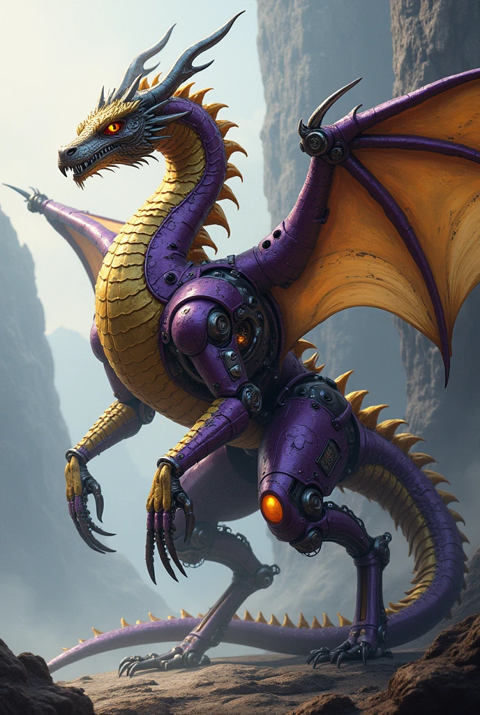 give me an illustration of a purple mechanical dragon, with 2 silver horns, faraway eyes, Golden scales, has wings but no front paws, tail splits into 2 sharp points