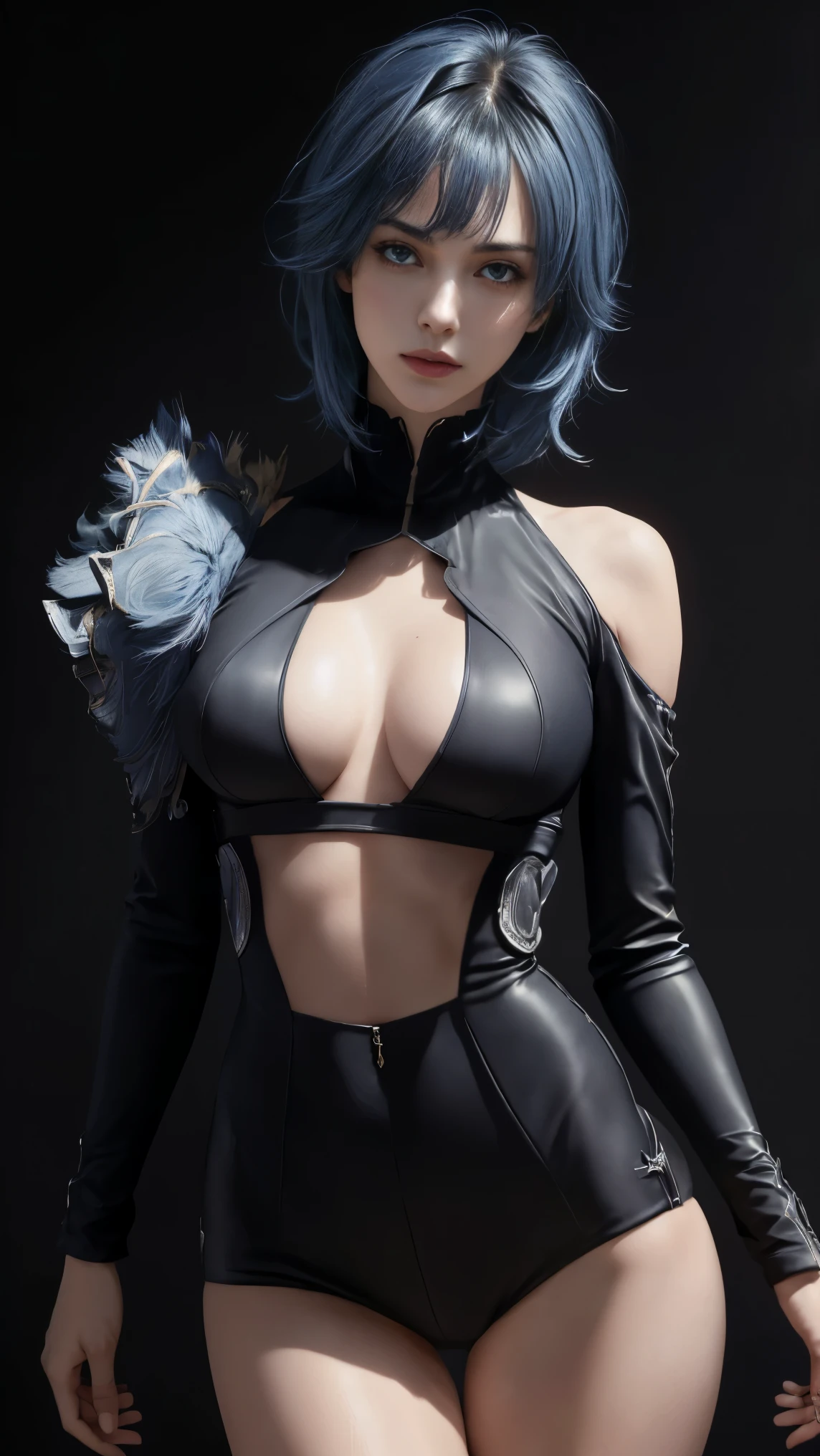 8K, Top Quality, Intricate Details, Ultra Detail, Ultra High Resolution, Masterpiece, selfie, selfie shot (selfie, selfie shot, portrait), ((close up shot, face shot, close up shot, portrait, face shot, passport shot, very close up shot, )), (full body: 1.1), Slender, Smile, (Makeup: 0.4), ((sexy pose,)), (Fluffy blue Eyes: 1.21), (()), 1girl, solo, 1 girl, ((bangs, blue hair, bangs, , bangs )), close up shot, , ((tall)), (((fit body))), (((slim face))), sharp face, ((, wind blow hair, )),skin tight suits, ((,bare shoulder, skin tight suits,) ,skin tight suits, (detailed face), sharp face, small lips, perfect hands, ((walking pose, walk pose)) , ((, ,)), , ((cleavage, ,)),, detailed face, detailed breast,, huge breast , (()), detail ass, Narrow Waist, Skinny, tall , 175 cm tall, Muscular, Navel, Exposed Abdomen, Pointed Chest,, Beautiful girl with accentuated slender abs: 1.4, Six Pack Abs: 1.4, Bust Botox, Big, Perfect Body, detail leg, (( dark background)), black background,
