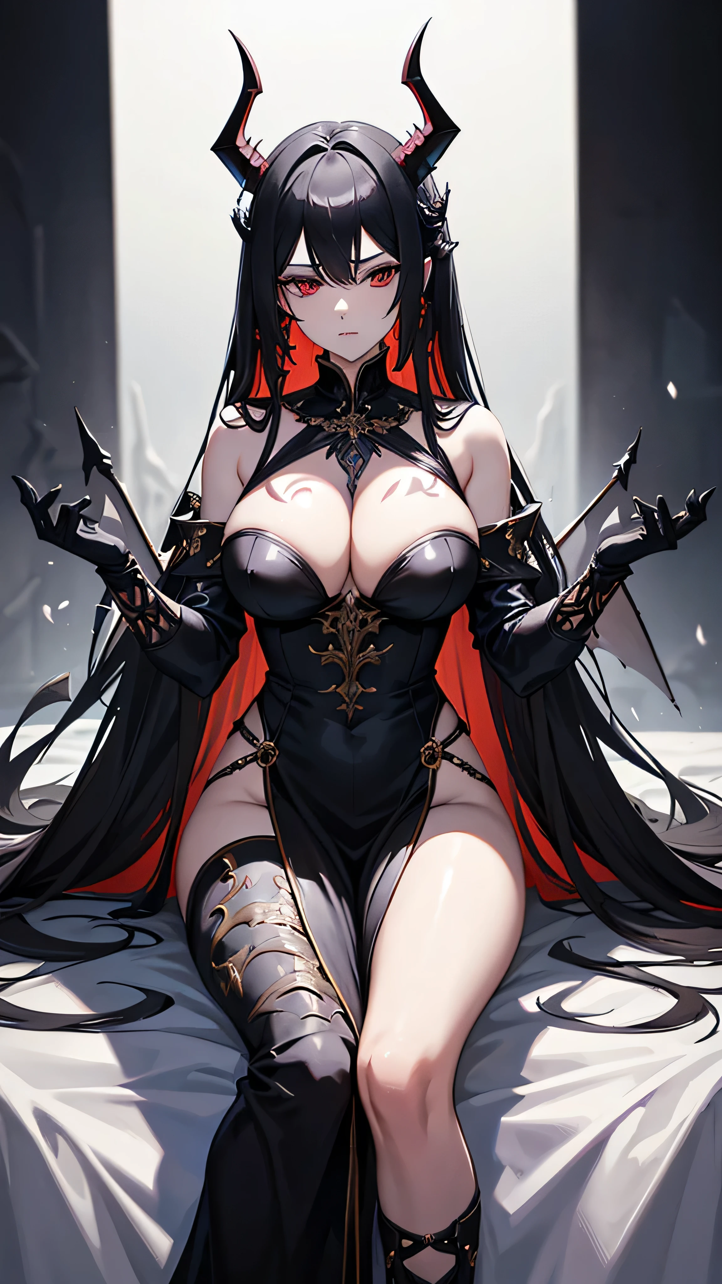 a demon king, mature woman, beautiful, long hair, black hair, tied hair, wearing black knight armor, big breasts, sitting on the demon king's throne, behind the throne is the figure of a black dragon, hands, half dragon hands, upper body, 8k , devil horns, earrings, sexy