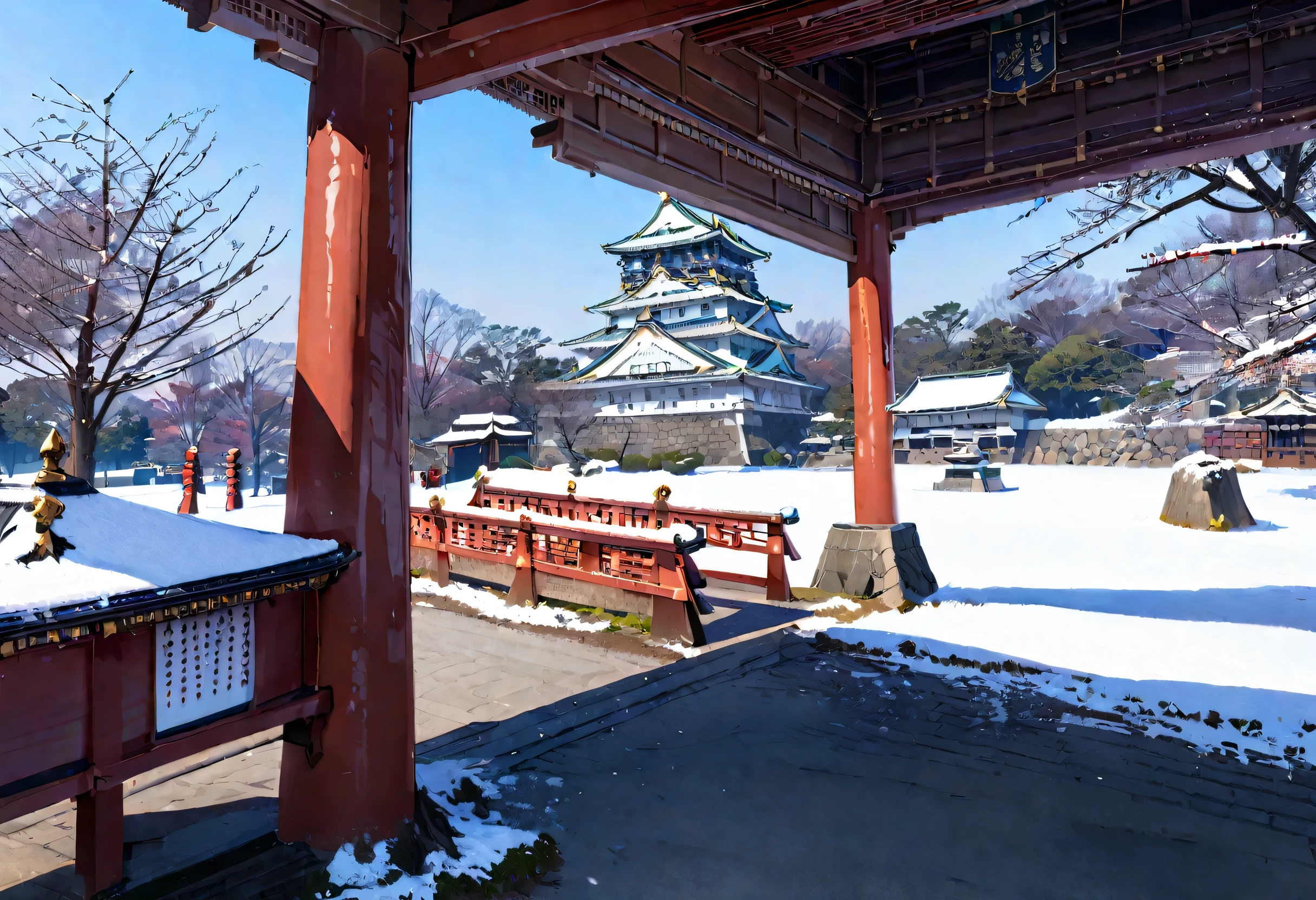 masterpiece, Highest quality, so beautiful, Absurd,
Nagoya Castle, scenery, winter, Snow is falling, the sky, Outdoor, wood, architecture, east asian architecture, Blue Sky, Day, building, Pagoda, Grass
 