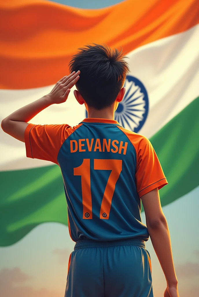 A teenager boy standing wearing Indian jersey on which Devansh written and the jersey number is 17 saluting towards the Indian flag