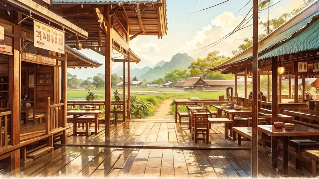 Super Water colour art. A 45-degree landscape shot of the interior of a traditional Thai coffee shop, located in a corner of a rural pathway in Thailand. Cinematic 2k.