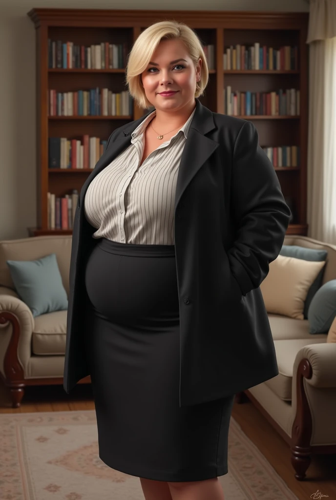 A middle-aged woman, wearing a black coat, a white striped blouse and a long skirt, dressed professionally and correctly, standing in a living room with bookshelves and a sofa in the background. short blonde haire. She has an hourglass figure, very massive breasts. ,Wide hips (implants), Prominent buttocks (implants),