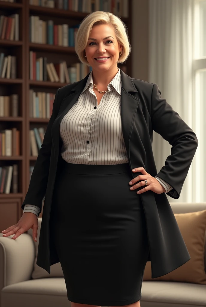 A middle-aged woman, wearing a black coat, a white striped blouse and a long skirt, dressed professionally and correctly, standing in a living room with bookshelves and a sofa in the background. short blonde haire. She has an hourglass figure, very massive breasts. ,Wide hips (implants), Prominent buttocks (implants),
