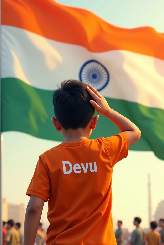 A boy whose t-shirt has Devu written on the back and the colour of his t-shirt is orange, he is saluting the Indian flag but his hand is on his forehead