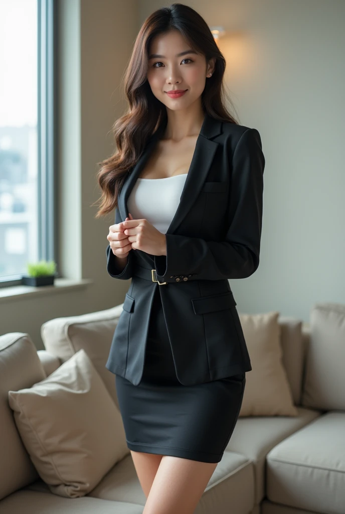 A very beautiful Japanese office lady、business suit、Panties visible from under the skirt、Voluptuous body、Lift your legs