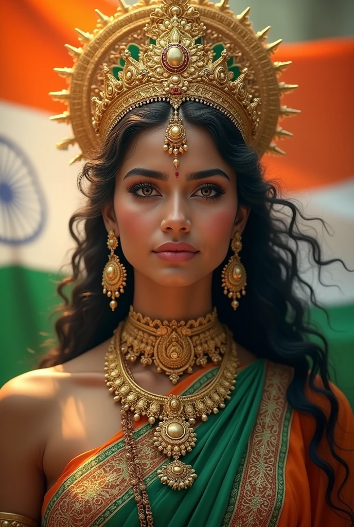 Indian goddess Bharat mata with indian flag 
