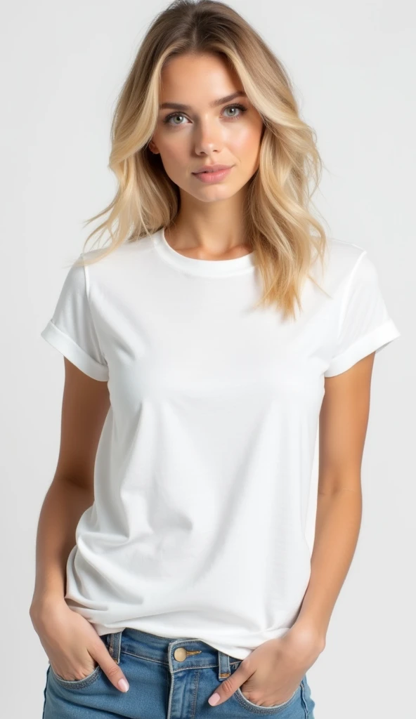 Photorealistic image in front view of a female model with blonde hair posing for a tshirt photoshoot. The model is wearing a Bella Canva 3001 light white crewneck tshirt untucked. the model is looking at the camera, Different poses, white background, --no graphic --no text, centralized