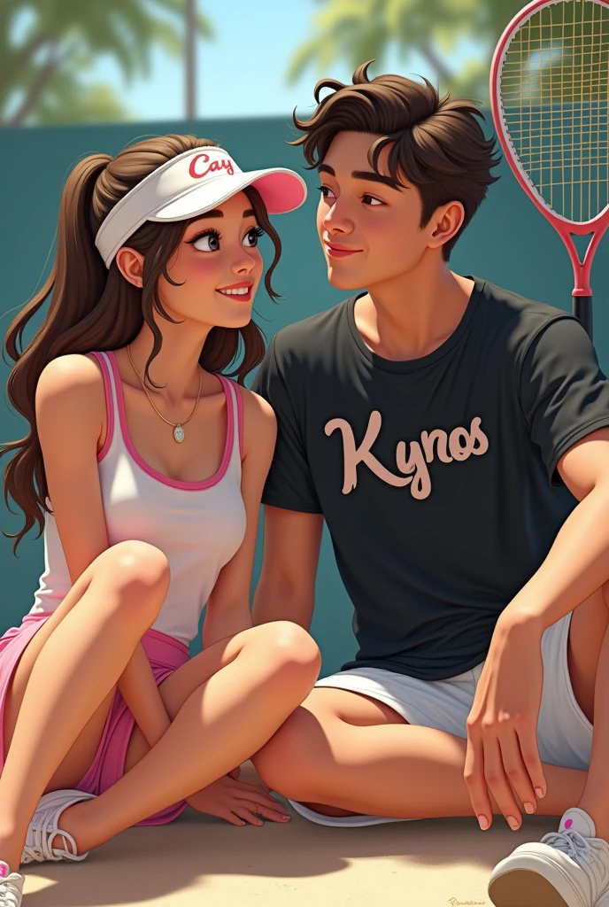 Create realistic 3rd image of  cute  young couple wearing tennis outfit combinations of white and pink color on it. while sit on the ground  the girl wearing sun visor name "Cay"  3rd curve style on it. Young boy handle tennis bat on left hand wearing  black t-shirt  name "Kyros " 3rd curve style on it. be careful to the spelling on each letter on it.