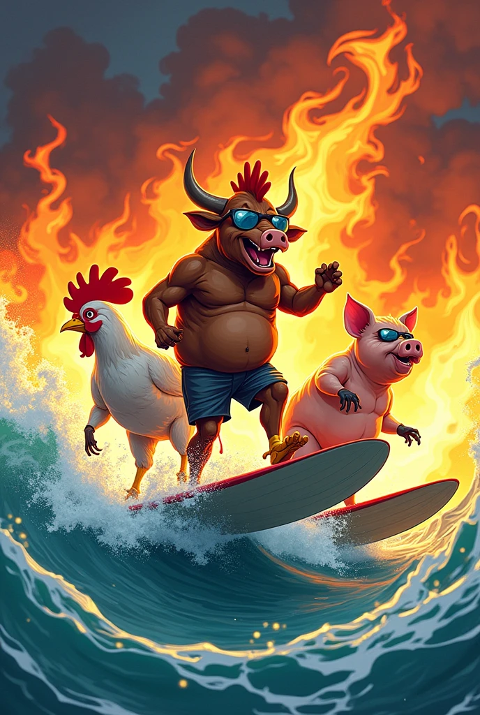a chicken, A bull and a pig surfing on a kitchen counter in a sea of fire, cartoon illustration style