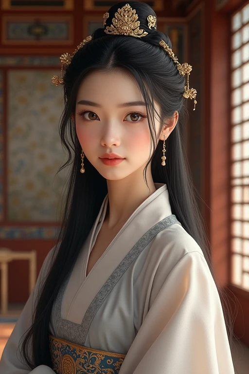 adolescent, It was Joseon Korea, woman with grey eyes, black hair, mestiza. Beautiful white skin royal palace 