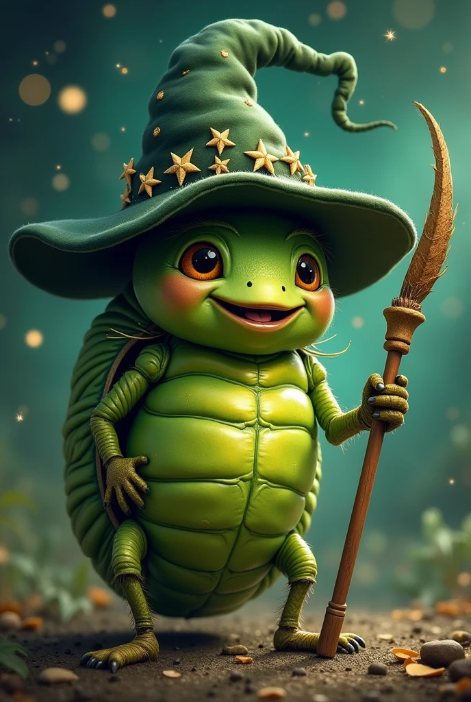 Realistic image of a bright moss green pill bug, with a mischievous grin, wearing a dark green witch's hat with a half-magical starry sky behind her, holding a Sagittarius wand. Enchanted image 