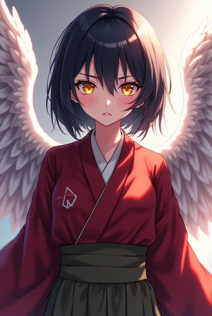 Anime Japanese Kimono Yellow eyes Black hair White wings showing through the back Maroon clothing Olive green hakama Short hair parted in the middle Cross-dressing