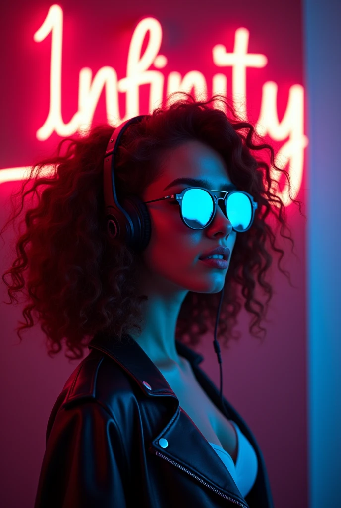 Brown hair . beautiful woman with curly hair Volume and sunglasses in headphones - earphone surrounding dark room neon cyberpunk at night coordinator neon glow,In the room the sign glows and shimmers in neon light"I love infinity"Anime style,Beautiful colors,Living picture,masterpiece,detailing