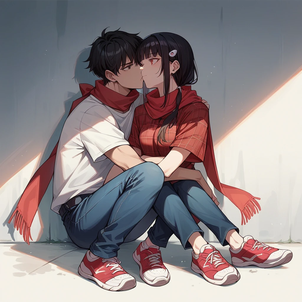 chicana woman, He is wearing a loose red plaid shirt and wide black jeans., He also wears a red scarf wrapped around his neck., and some white tennis shoes