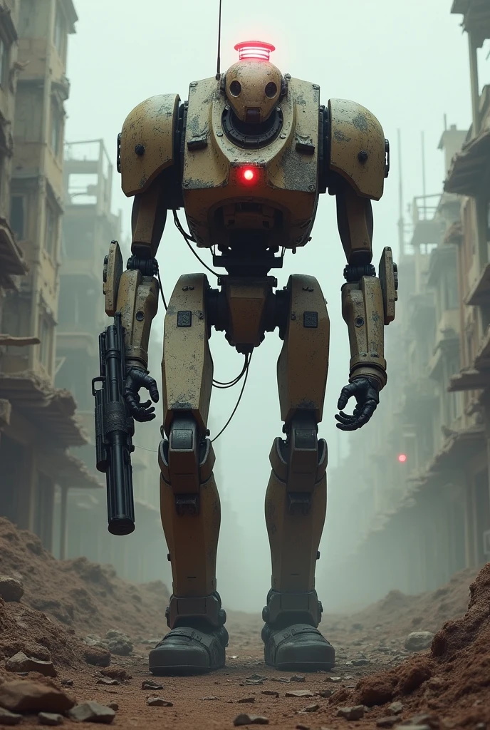 (photorealism:1.2), A towering, imposing police droid, its armor scarred from countless battles, slowly patrols a desolate, post-apocalyptic city. The only sound is the soft whirring of its internal mechanisms and the distant howling wind. Its red emergency lights cast an eerie glow on the shattered buildings and empty streets